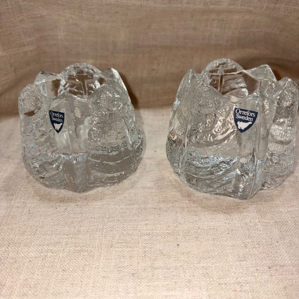 Orrefors Sweden Crystal Candle Holders Set of 2 Textured Glass Votive Holders